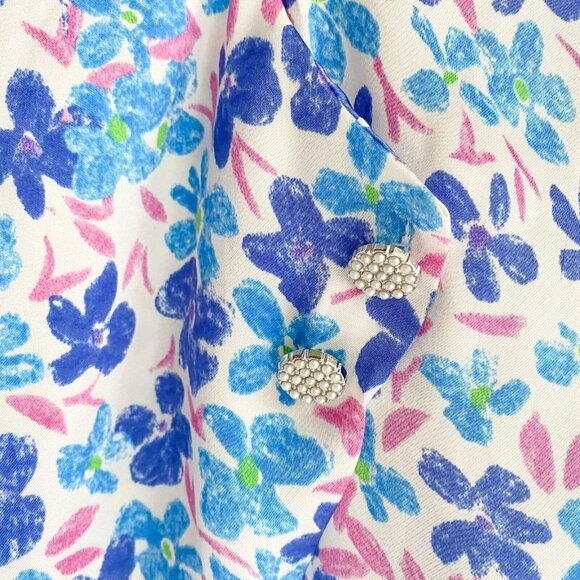 Zara Painted Floral Blue  Bow Neckline Long Sleeve Blouse XS - Picture 6 of 8